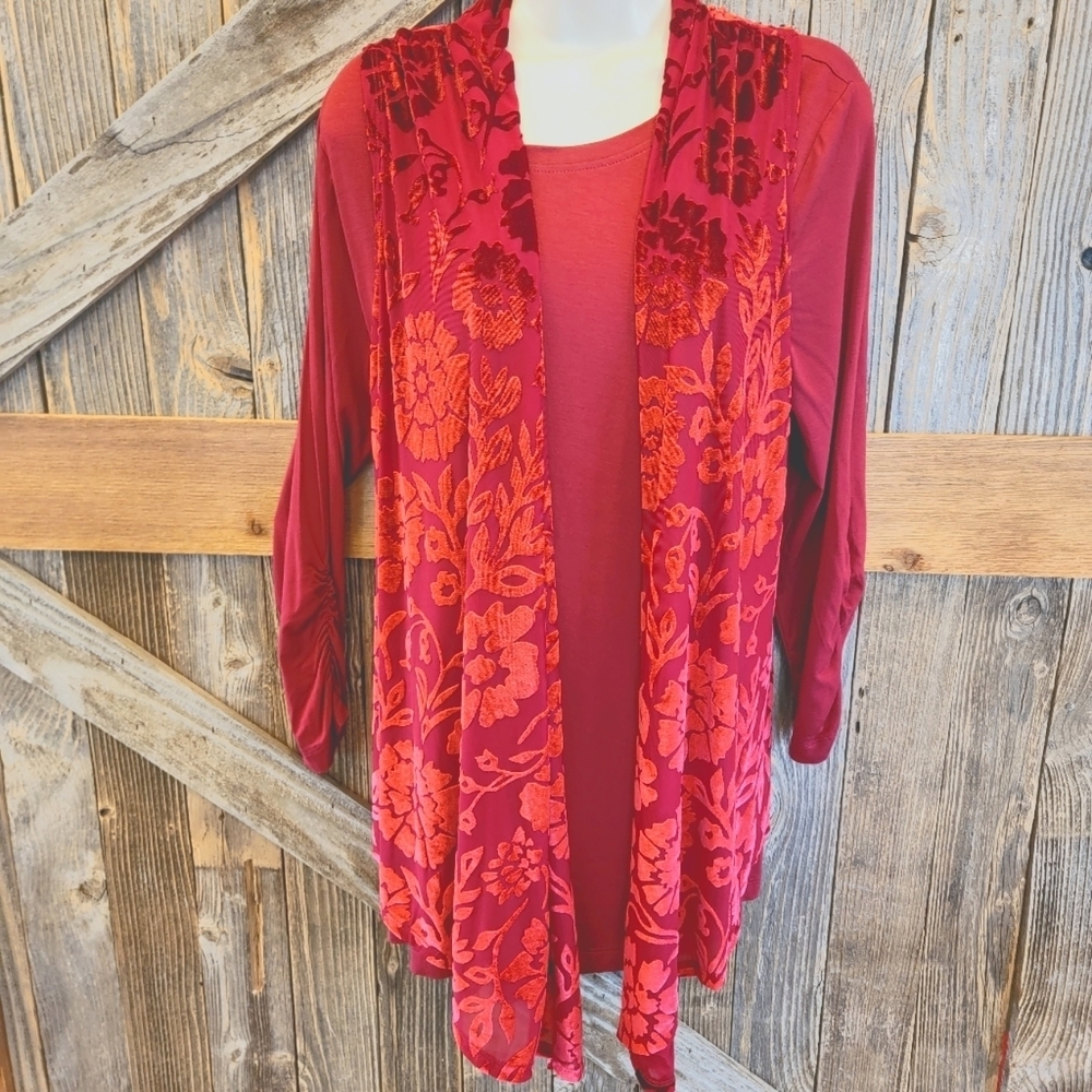 LOGO Lavish Lori Goldstein Red Twinset with Burnout Velvet Vest Small S